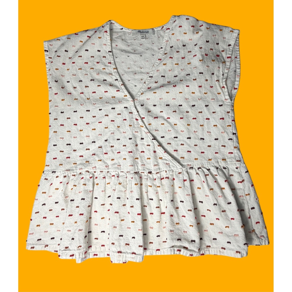 Madewell 100% Cotton Peplum Wrap Top XXS Cottagecore Boho White Multicolor Dot